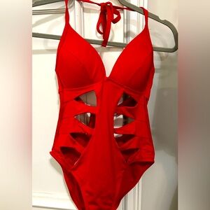 Adorable red one piece swim with keyhole front